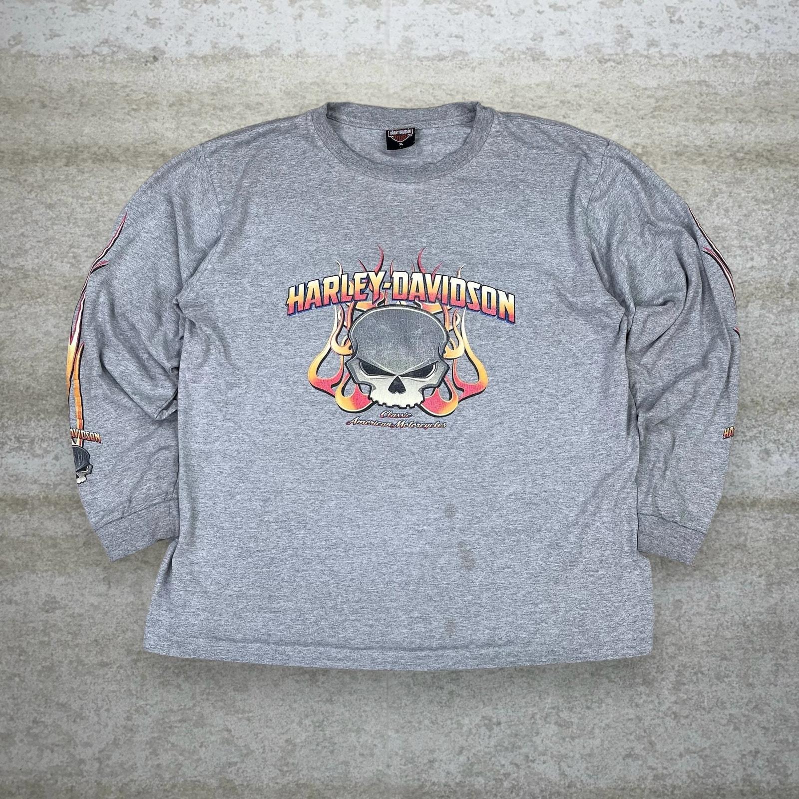 Vintage 90s Harley Davidson Shirt Mens XL Grey Crazy Flames Skull