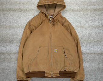 Vintage 90s Carhartt Jacket Mens XL Tan Cotton Canvas Mesh Hooded Union Made USA