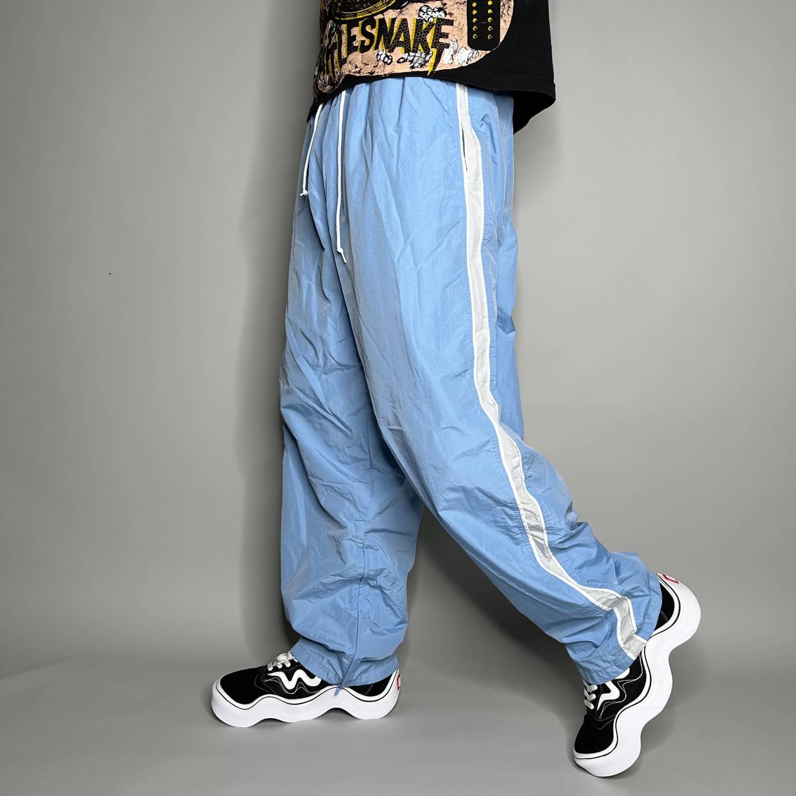 Vintage Track Pants Light Blue Nylon Sweatpants Baggy Fit White Grey Mesh  Lined 90s
