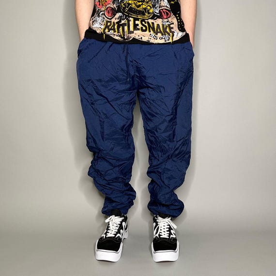 Vintage 90s Track Pants Mens L Baggy Fit Navy Blue Nylon Joggers