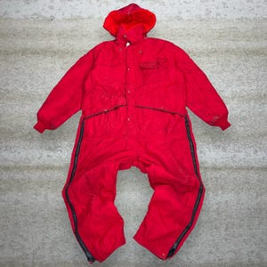 True Vintage Snow Suit Crimson Red Insulated Coveralls Made in USA with Belt 70s