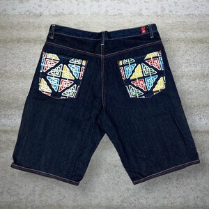 Vintage Skater Wide Leg Jean Shorts 40x14 Dark Wash Baggy Denim 14&quot; Inseam Embroidered Rap Style Art Y2K