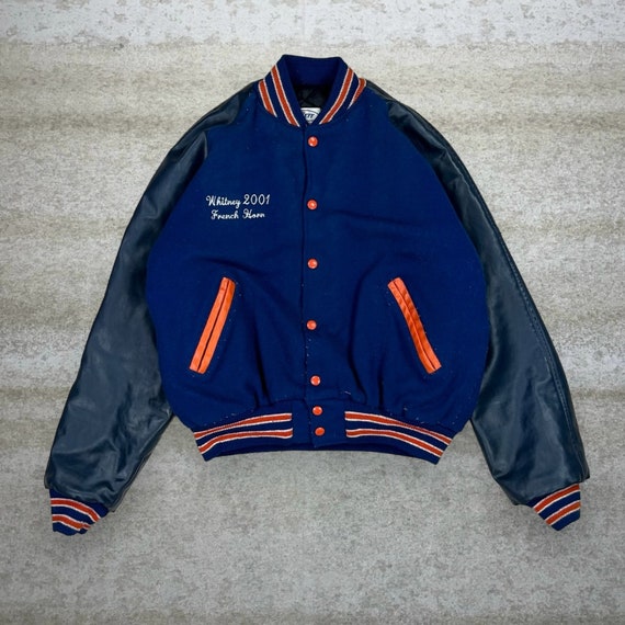 Vintage Varsity Jacket Navy Blue Orange Leather Band Made in
