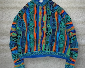 Vintage Coogi Style Sweater XL Blue Orange Green Multicolor Crewneck Pullover 90s