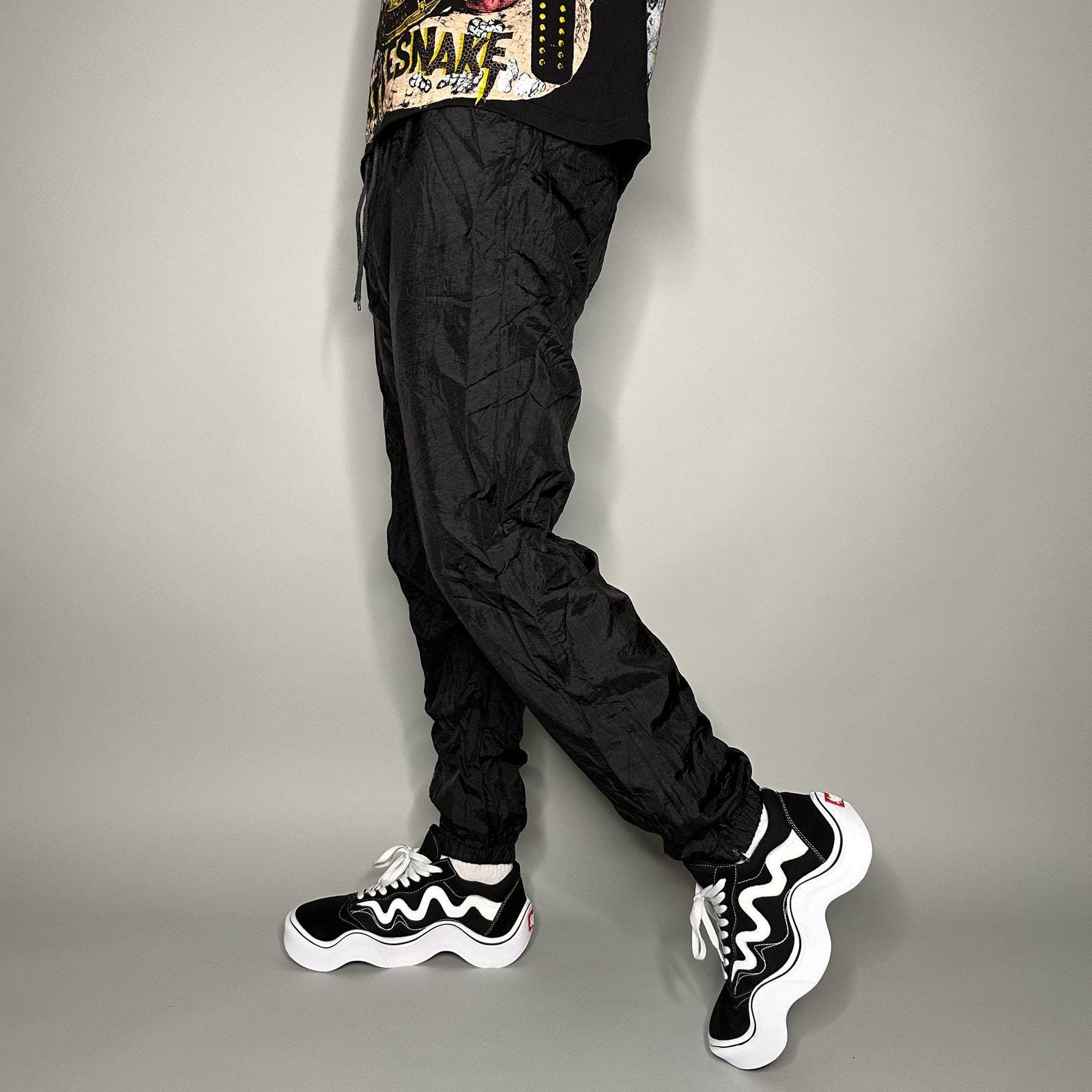 Vintage 90s Track Pants Mens M Jet Black Nylon Joggers Elastic