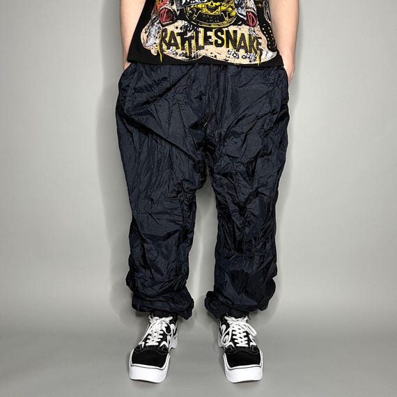 Vintage 90s Track Pants Mens XL Baggy Jet Black Nylon Joggers