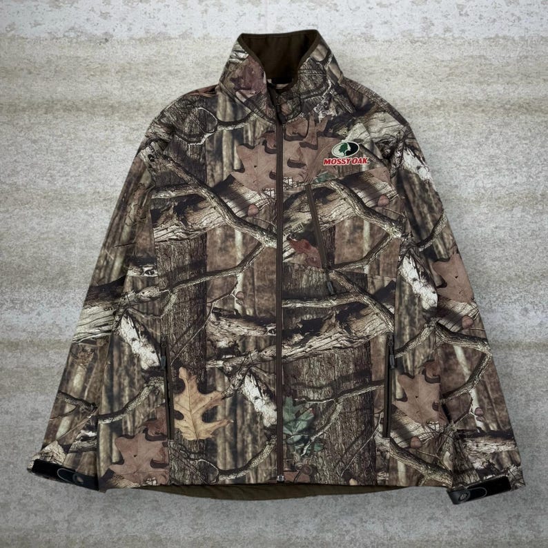 Chaqueta Mossy Oak vintage de los 90 para hombre, talla XL, estilo camuflaje de caza, con cremallera completa. imagen 1