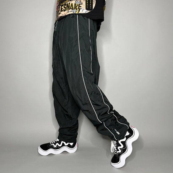 Vintage Reebok Pants Jet Black Polyester White Spellout -