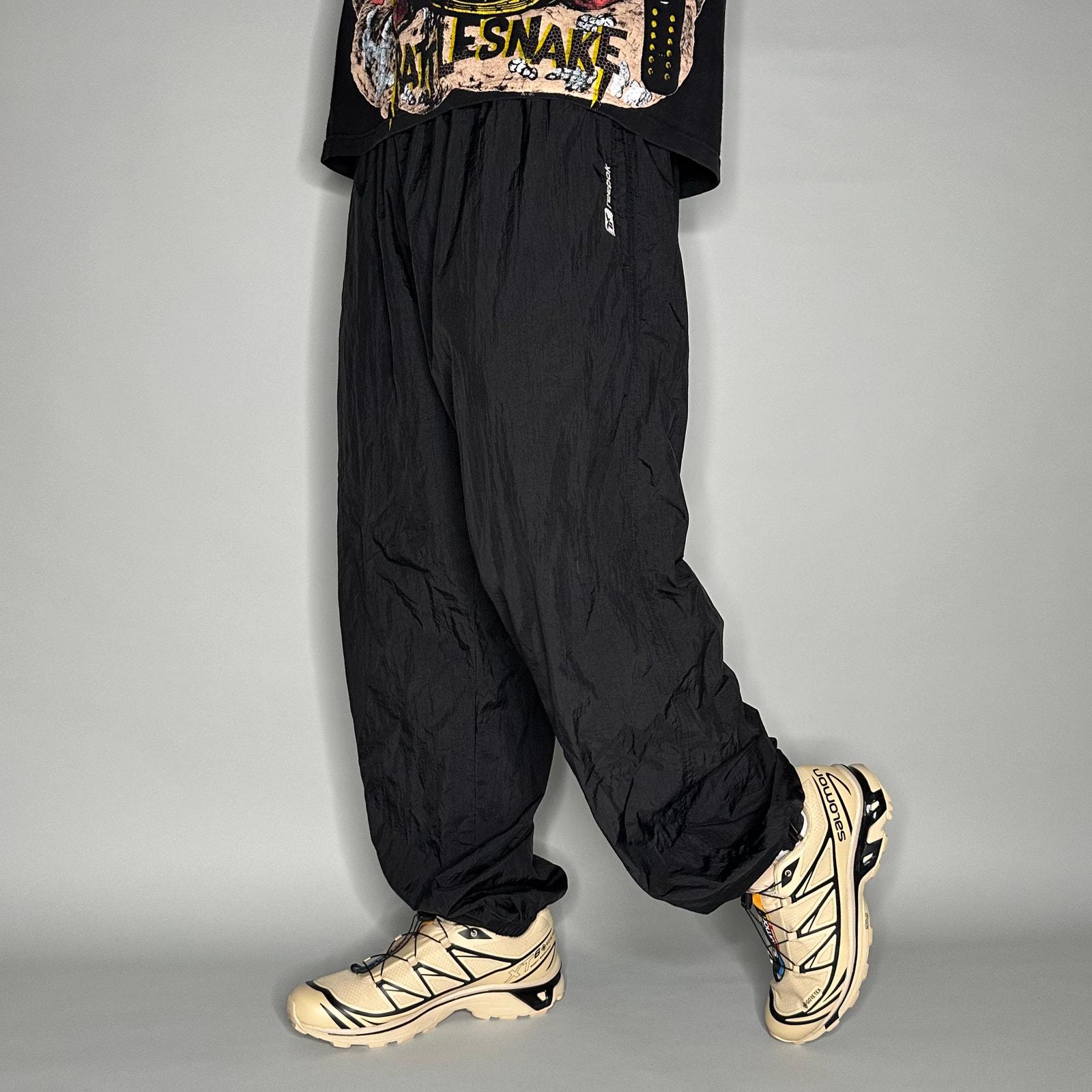Vintage Reebok Track Pants XL Jet Black Nylon Joggers White