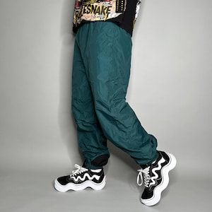 Vintage Columbia Track Pants Forest Green Nylon Joggers Elastic Cuffs 90s