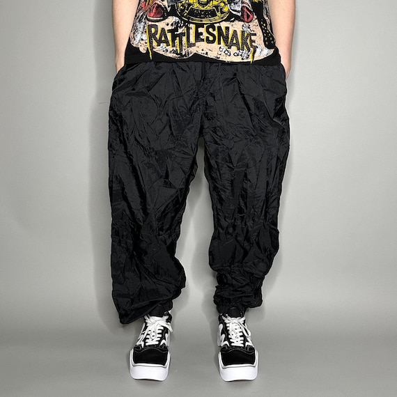 Vintage 90s Track Pants Mens XL Baggy Jet Black Nylon Joggers