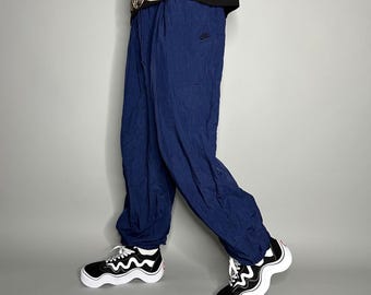 Vintage 90s Nike Track Pants Mens XL Navy Blue Nylon Joggers Subtle Embroidered