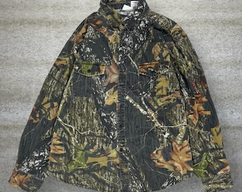 Camisa vintage de los años 90 con botones de roble musgoso para hombre, talla XL, de algodón, de camuflaje de caza, manga larga
