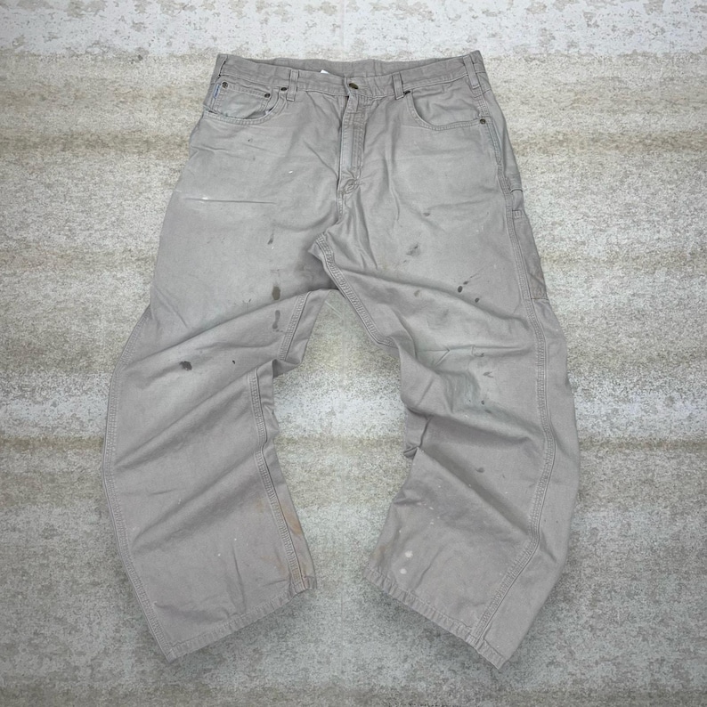 Vintage 90er Jahre Carhartt Carpenter Hose 38x32 Baggy Weites Bein Tan Canvas Latzhose Bild 2