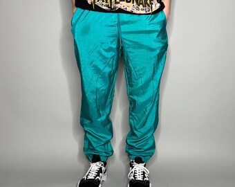 【COLOR iN ID】Vintage Lace Nylon Pants 90s Vintage Men's Color Block Track Pants - Size S Blue