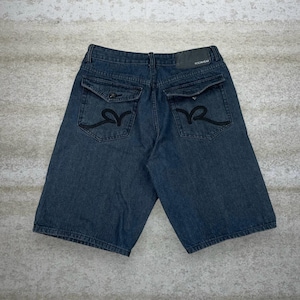 Vintage Skater Wide Leg Jean Shorts 34x13 Rocawear Dark Wash Baggy Jorts Denim Embroidered Rap Style Art Y2K
