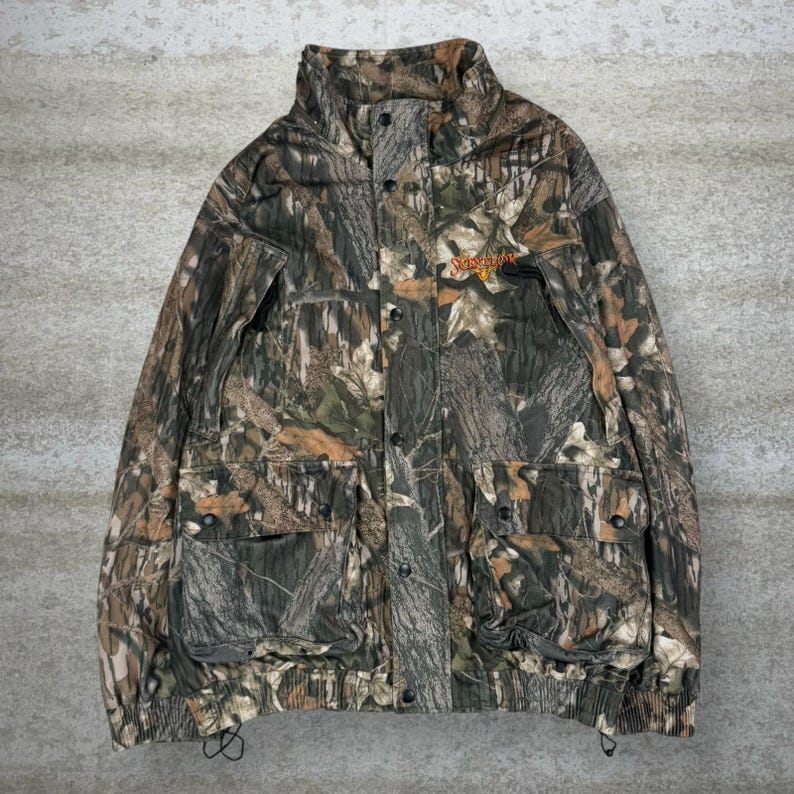 Vintage jaren 90 bemoste eiken jas heren L jacht camo polyester met volledige ritssluiting bos afbeelding 1