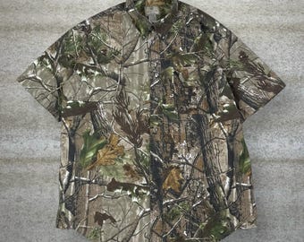 Vintage 90s Realtree Hunting Camo Button Up Shirt Mens XL Woodland Short Sleeve