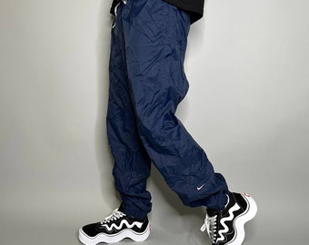 Vintage Nike Track Pants Navy Blue Nylon Joggers White Calf Swoosh Elastic 90s