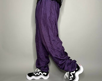 Vintage Nylon Track Pants Grape Purple Joggers Baggy Fit Elastic Cuffs has Ankle Zippers Lined 90s