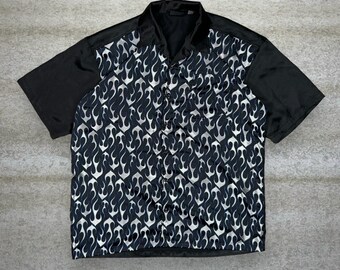 Vintage Y2K Skater Button Up Shirt Mens 3XL Black Blue White Flames Collared
