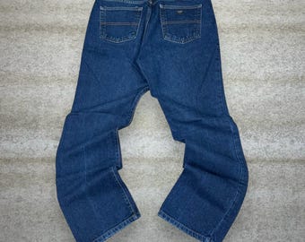 Vintage 90s Guess Jeans 32x30 Straight Dark Wash Denim Black Triangle Logo