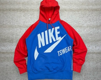 Vintage Y2K Nike Hoodie Mens M Blue Orange Cotton Pullover White Swoosh