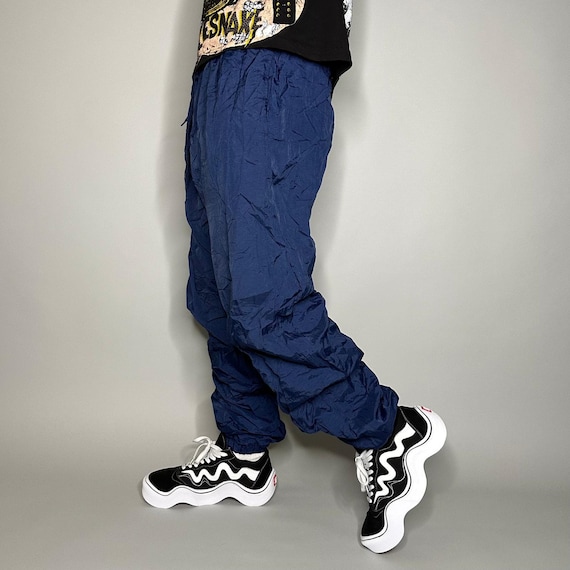 Vintage 90s Track Pants Mens L Baggy Fit Navy Blue Nylon Joggers