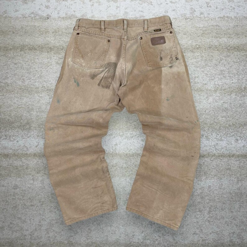 Vintage 90s Wrangler Jeans 36x28 Regular Straight Leg Fit Tan Wash Made in USA image 1