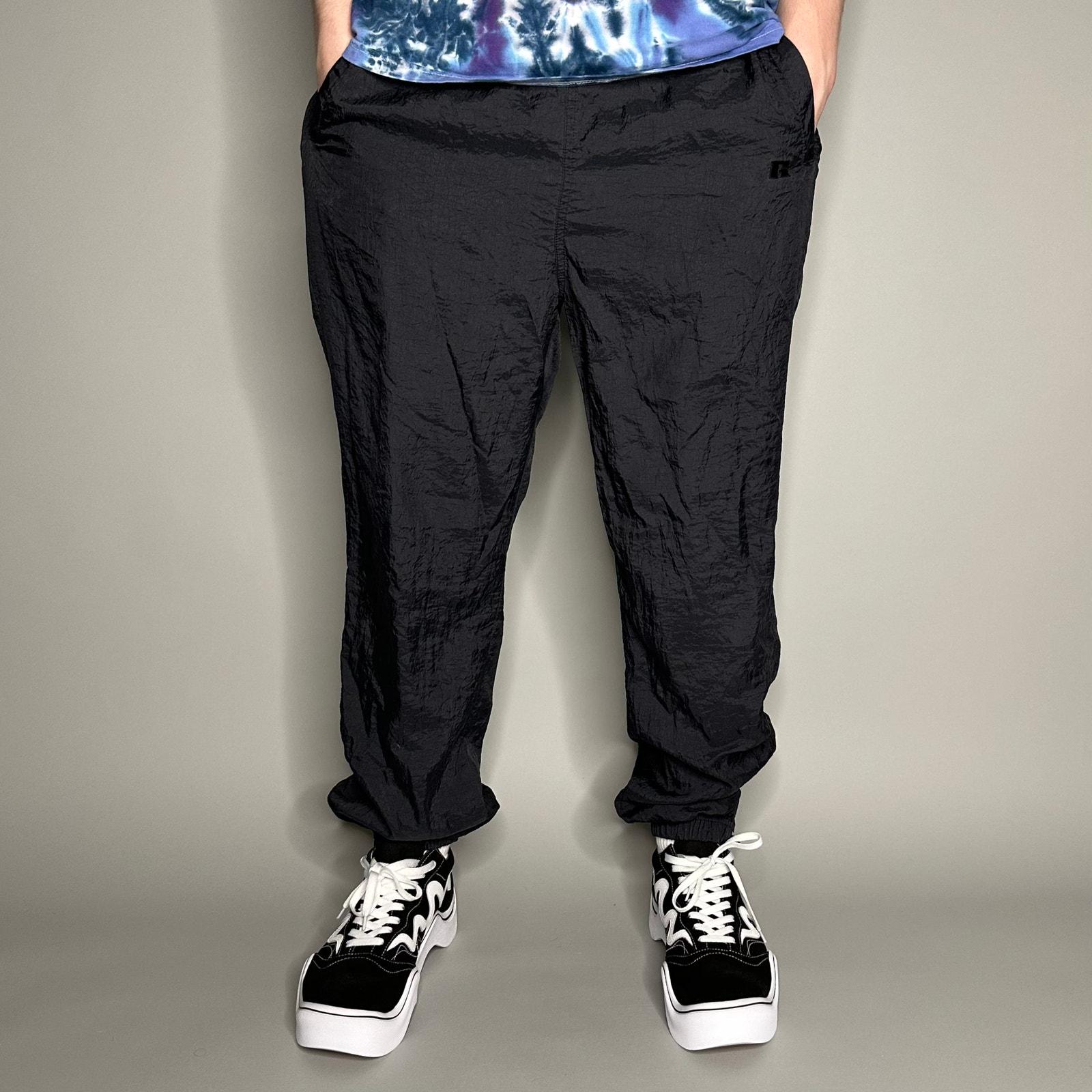 Vintage Y2K Russell Track Pants Mens M Jet Black Nylon Joggers 