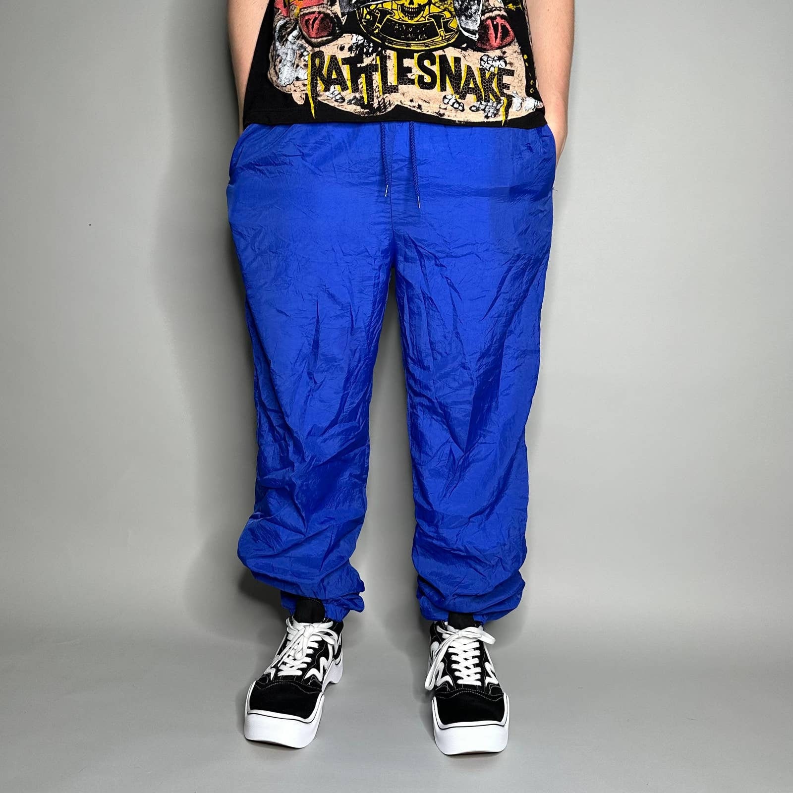 Vintage Track Pants Royal Blue Nylon Joggers Baggy Fit Ankle