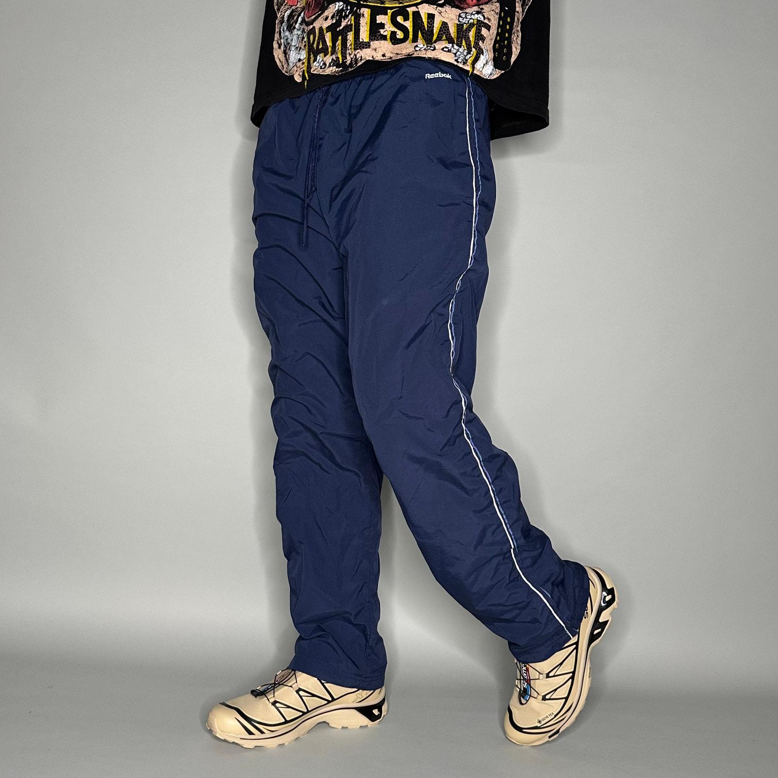 Vintage 90s Reebok Track Pants Mens L Baggy Wide Navy Blue White