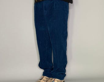 Vintage 90er Jahre Calvin Klein Cord Hose 36x34 Baggy Fit Blau Gefaltete Front