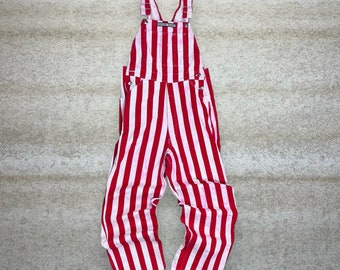 Vintage Game Bibs Overalls 32x30 Red White Striped Baggy Fit Wide Leg Work Wear 90s