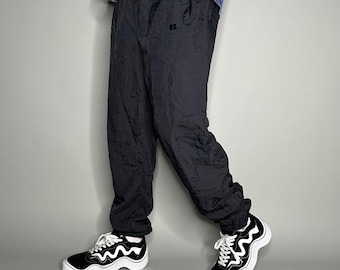 Vintage Y2K Russell Track Pants Mens M Jet Black Nylon Joggers Embroidered