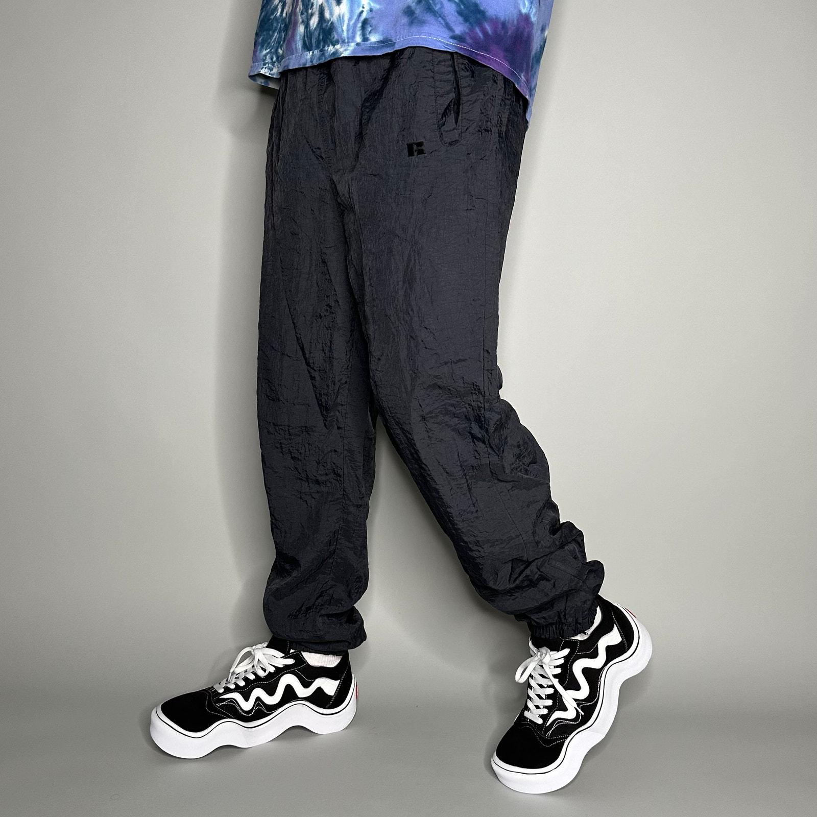 Vintage Y2K Russell Track Pants Mens M Jet Black Nylon Joggers