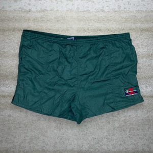 Vintage Champion zwemshort heren L bosgroen nylon 5" binnenbeenlengte mesh gevoerd jaren 90