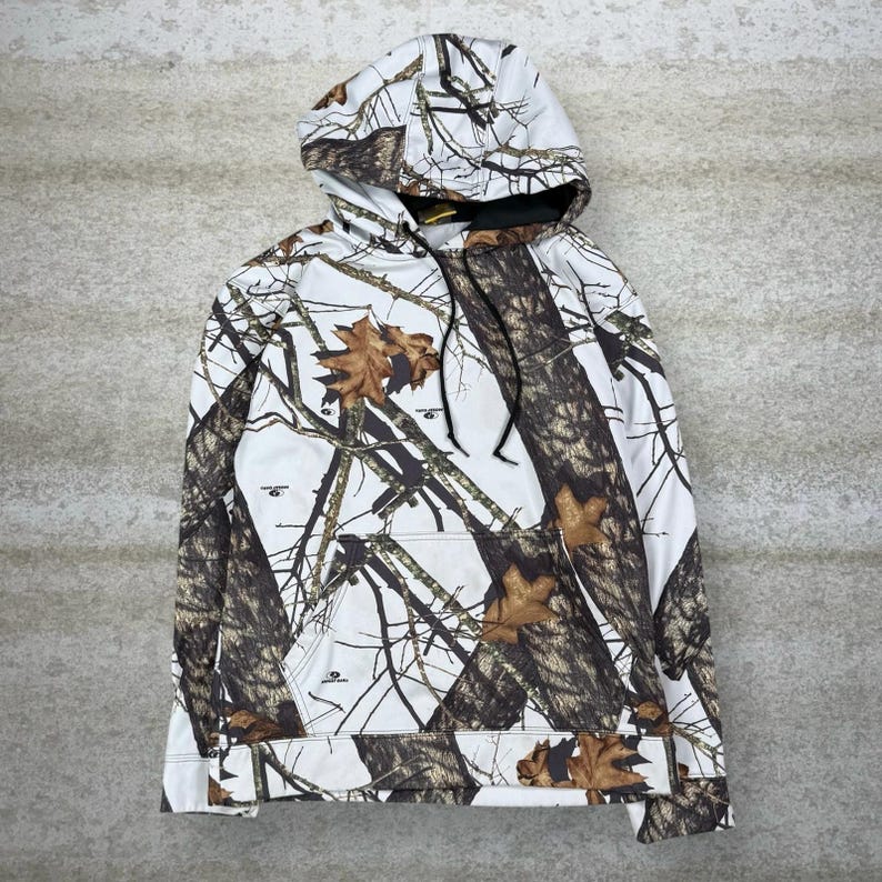 Sudadera con capucha vintage de los años 90 con estampado de camuflaje de caza de roble musgoso para hombre, talla M, jersey de algodón blanco, estilo bosque imagen 1