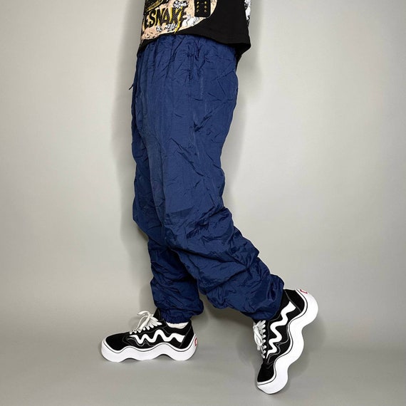 Buy Vintage Track Pants Navy Blue Nylon Joggers Baggy Fit Elastic