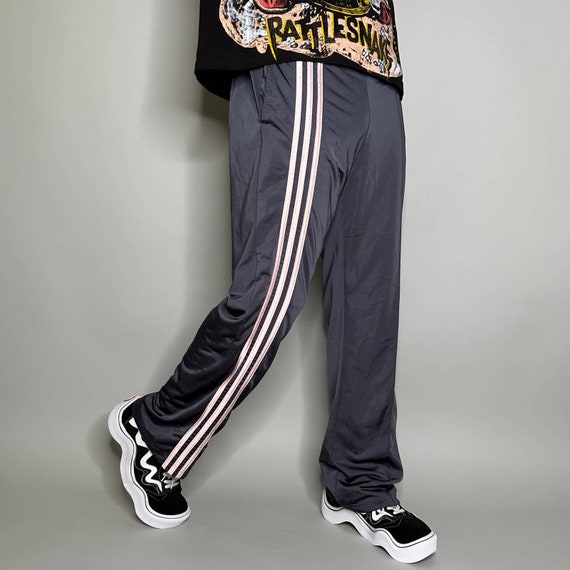 Vintage Adidas Sweatpants Dark Grey Polyester Rose Gold 3 Stripes Baggy Fit  Y2K 