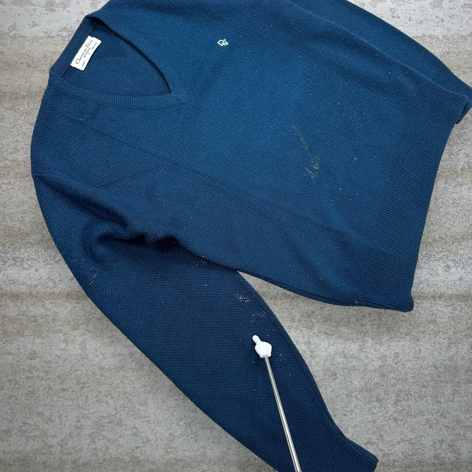 Vintage Christian Dior Sweater L Navy Blue Pullover V Neck