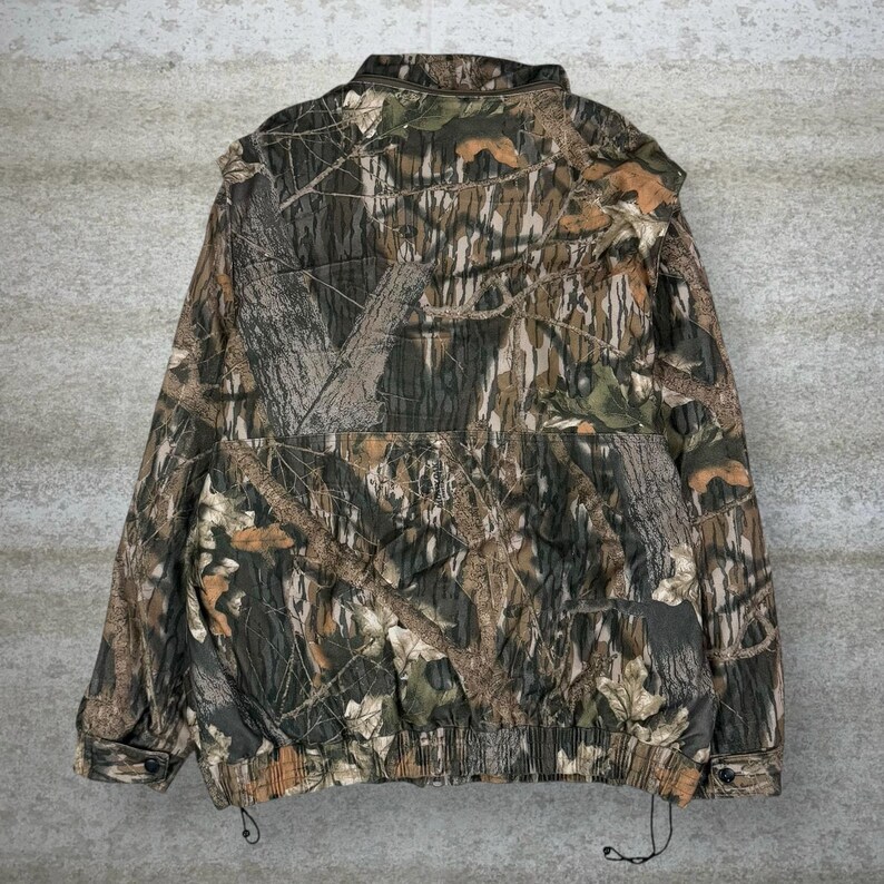 Vintage jaren 90 bemoste eiken jas heren L jacht camo polyester met volledige ritssluiting bos afbeelding 2