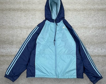Vintage 90s Adidas Puffer Jacket Mens L Navy Blue Light Blue Fleece 3 Stripes