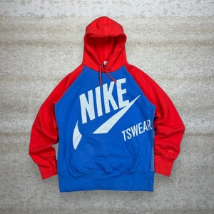 Vintage Nike Hoodie M Blue Orange Cotton Pullover White Swoosh Y2K