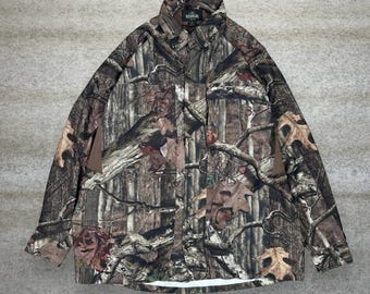 Camisa de caza vintage de los años 90 con botones de camuflaje de roble musgoso para hombre, talla XL, poliéster, manga larga