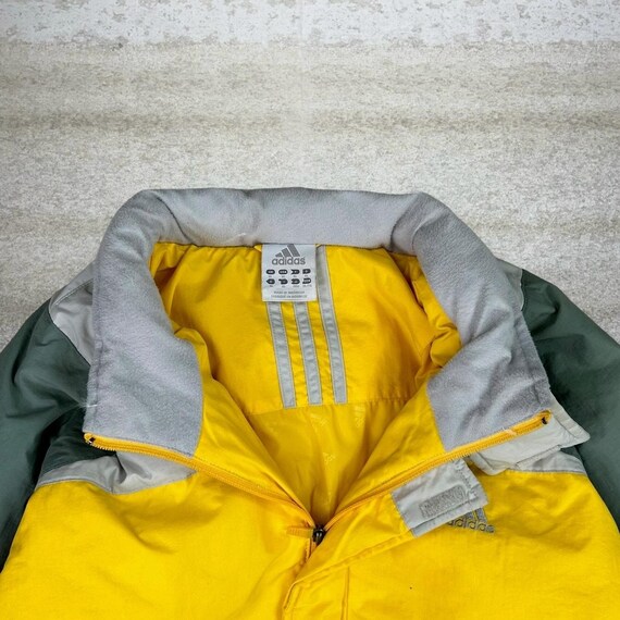 LookAtLogan Vintage Adidas Puffer Jacket Mens XL Yellow Grey Insulated Full Zip Y2K
