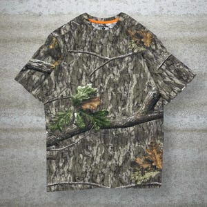 Camisa vintage Mossy Oak Hunting Camo masculina tamanho G, algodão, manga curta, estilo floresta.