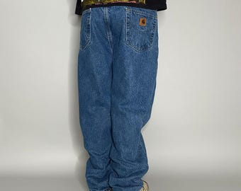 Pantalones vaqueros Carhartt Carpenter vintage de los 90, talla 36x32, holgados, de pierna ancha, lavado oscuro, de franela.