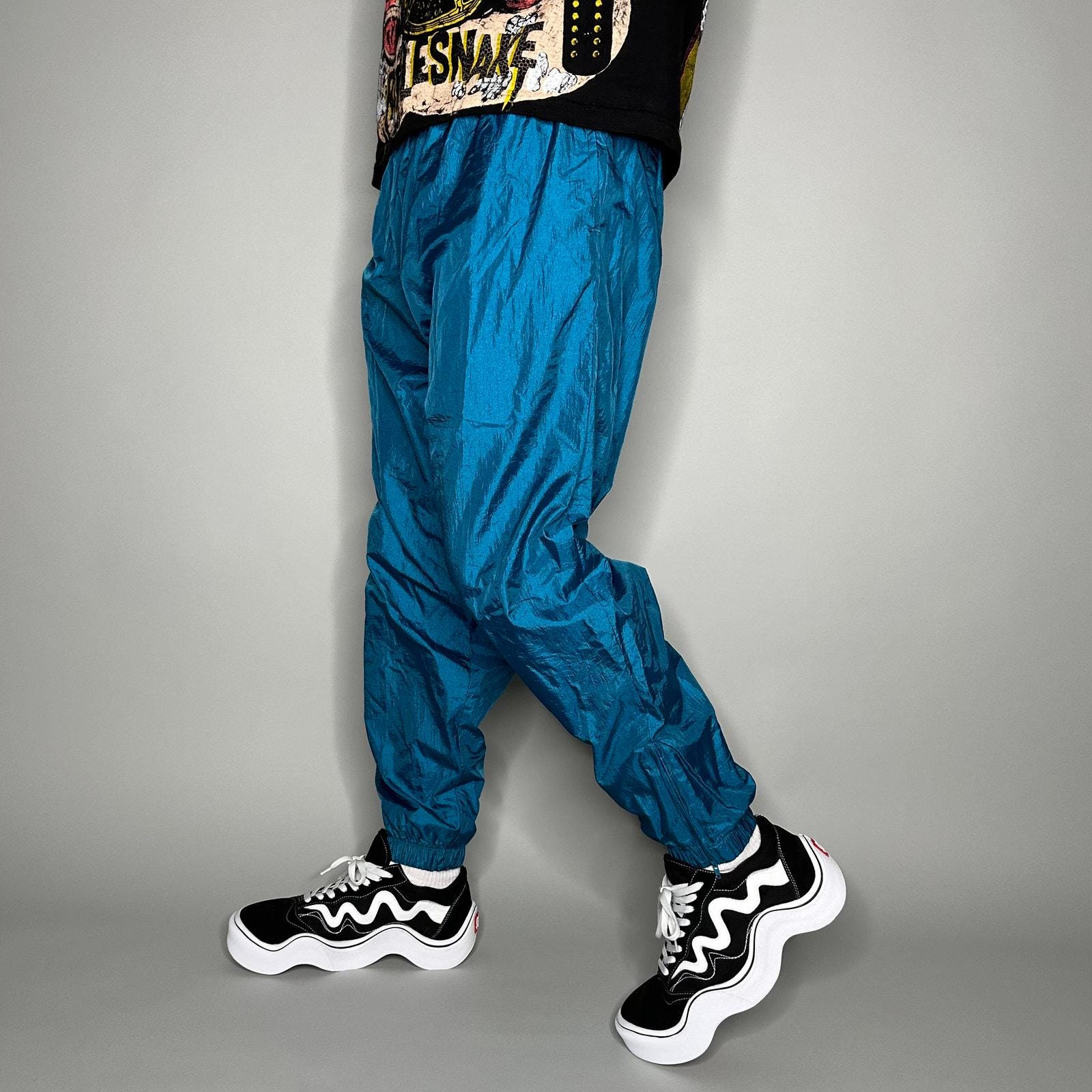 Vintage Track Pants Mens L Aqua Blue Nylon Joggers Lined Has Ankle