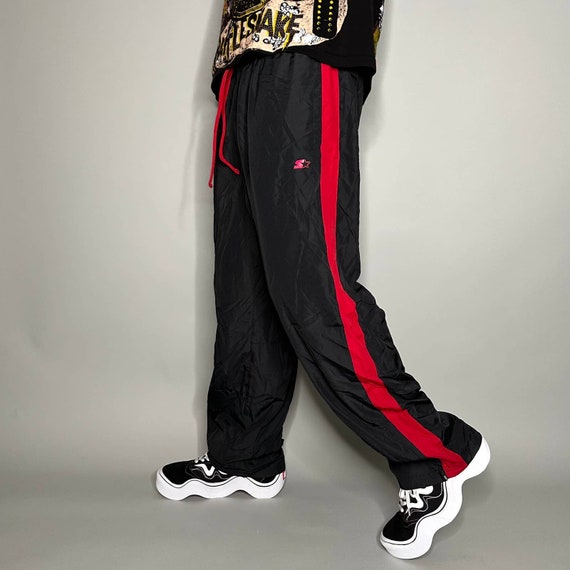 Vintage Starter Track Pants Jet Black Polyester Sweatpants Red